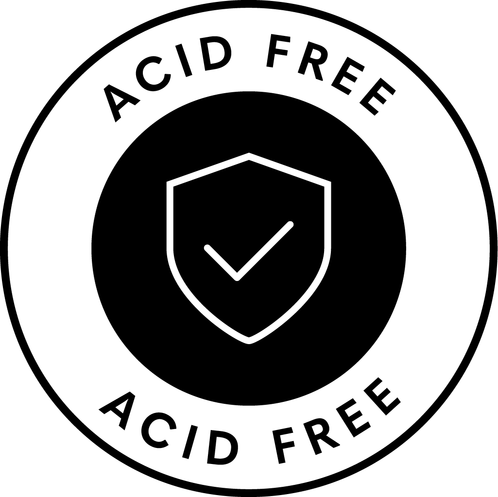 Circular badge with 'ACID FREE' text and a shield symbol on a black background