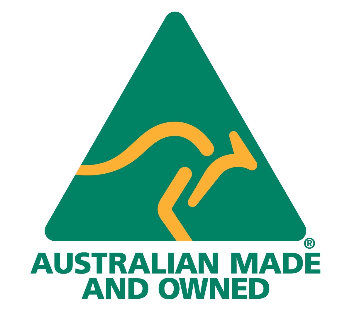 Logo with kangaroo design and 'Australian Made and Owned' text on a green triangle