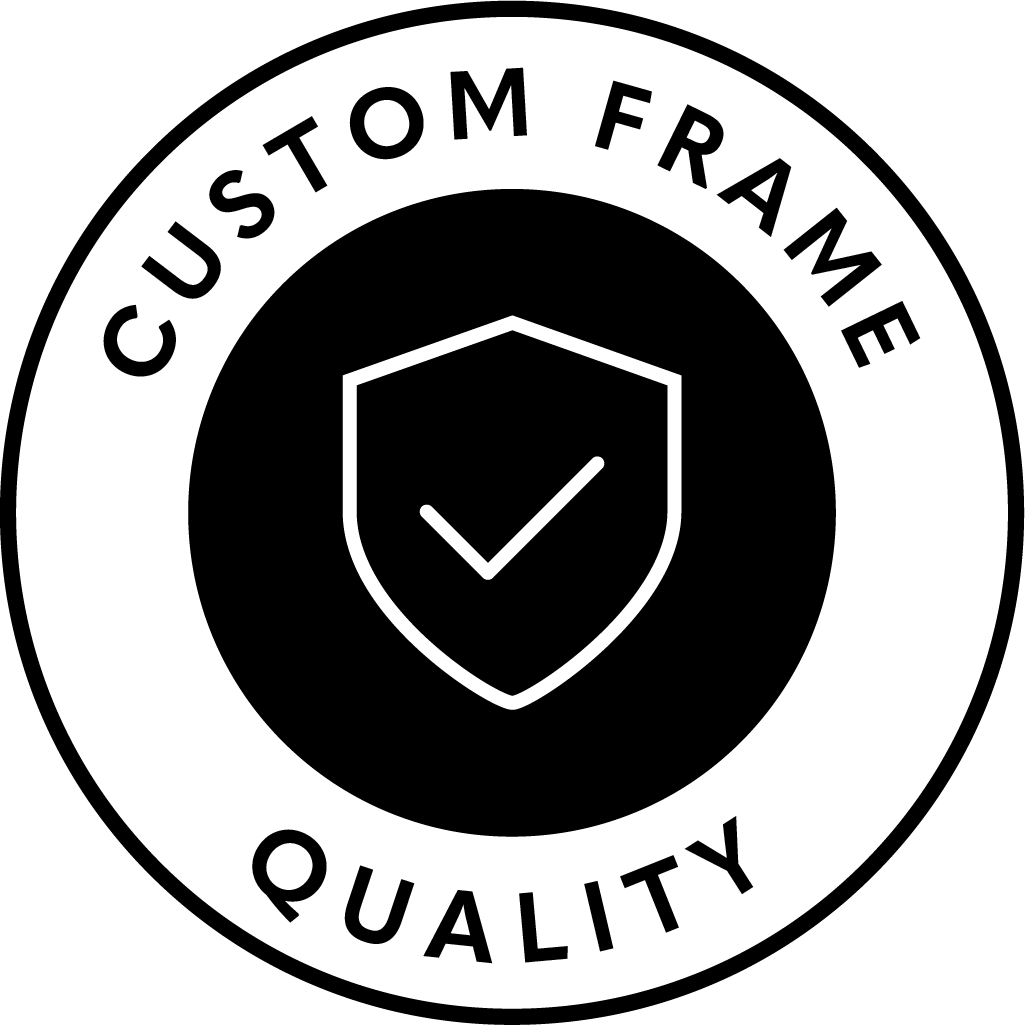 Logo with 'Custom Frame Quality' text and a shield symbol on a black background