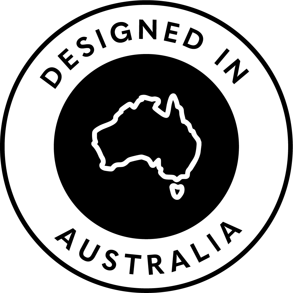 Logo with 'Designed in Australia' text and outline of Australia on a black background