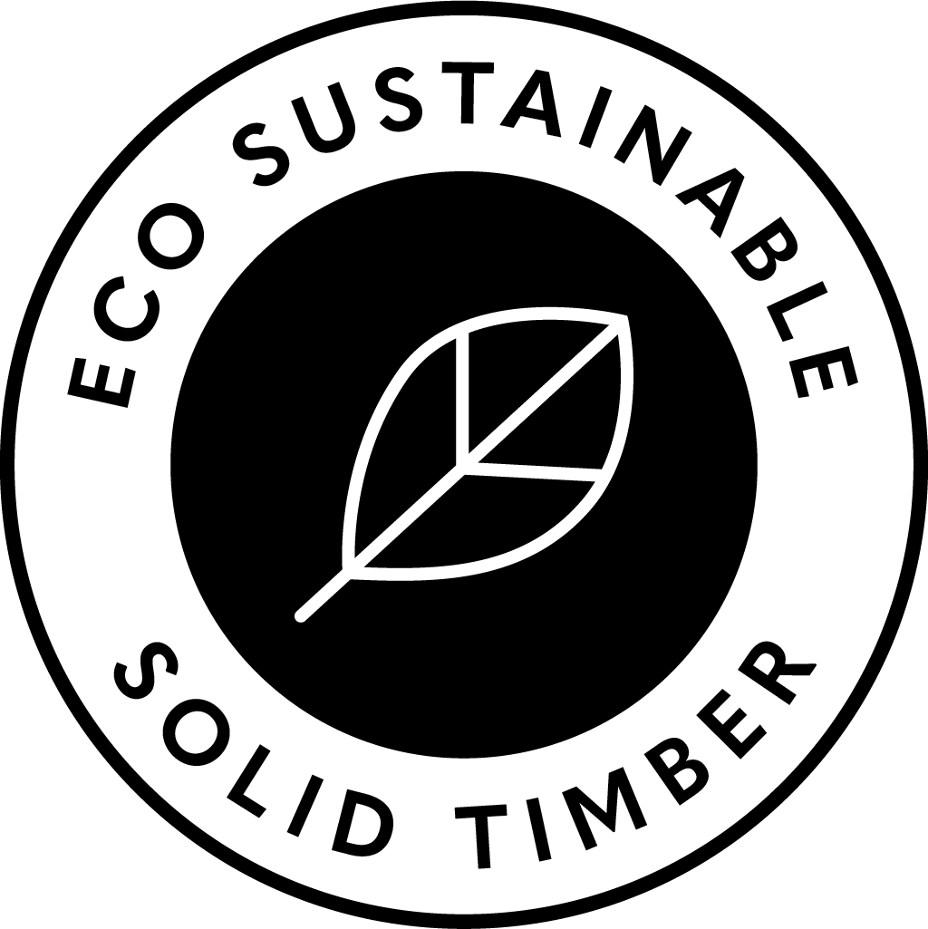 Logo for eco-sustainable solid timber with a leaf symbol on a black background