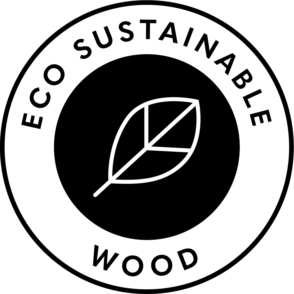 Logo for eco-sustainable wood with a leaf symbol on a black background