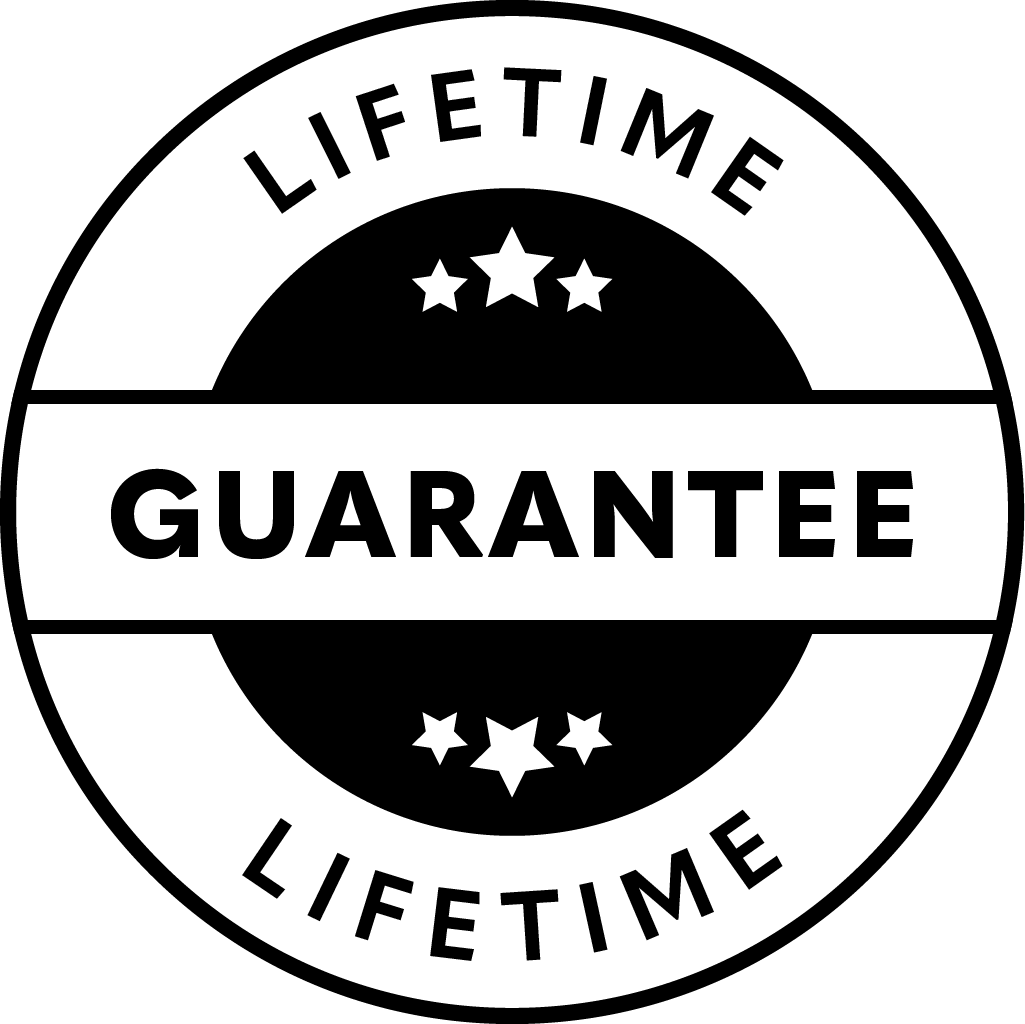 Round 'Lifetime Guarantee' stamp with stars on a white background