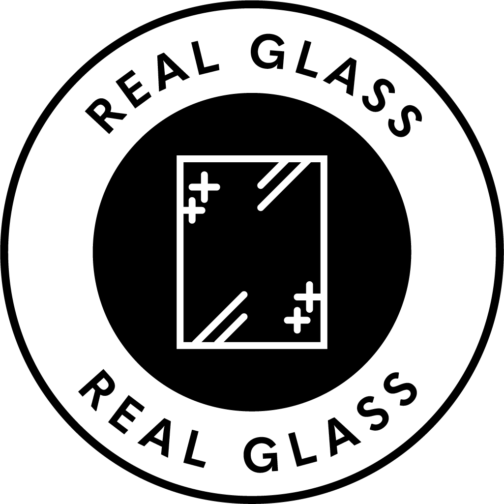 Logo for 'Real Glass' with a stylized glass pane design on a black background