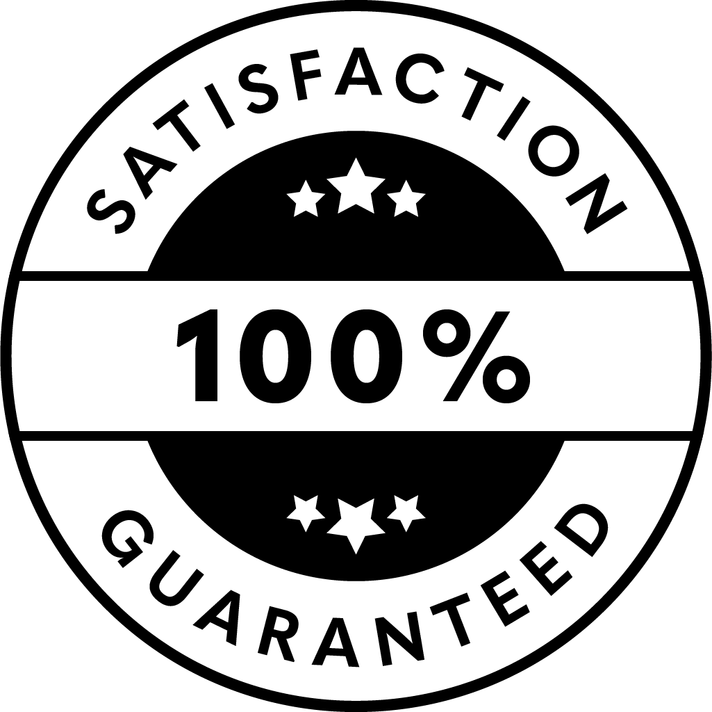 Circular logo with 'Satisfaction Guaranteed' text and a 100% rating on a black background